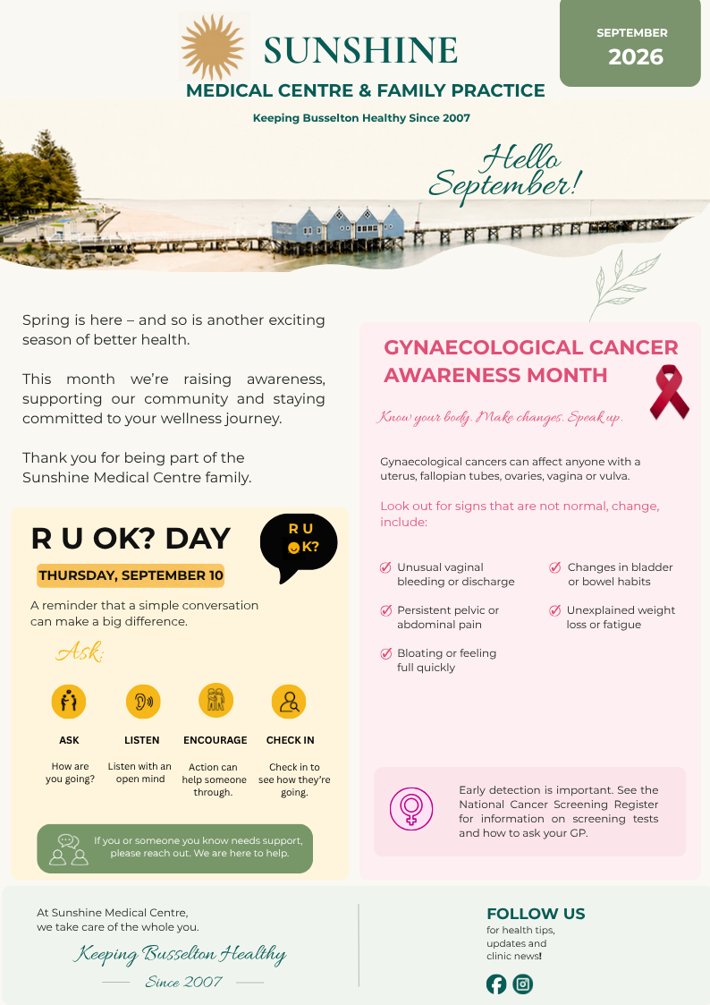 Sunshine Medical Centre September 2026 newsletter page one, covering gynaecological cancer awareness and R U OK? Day