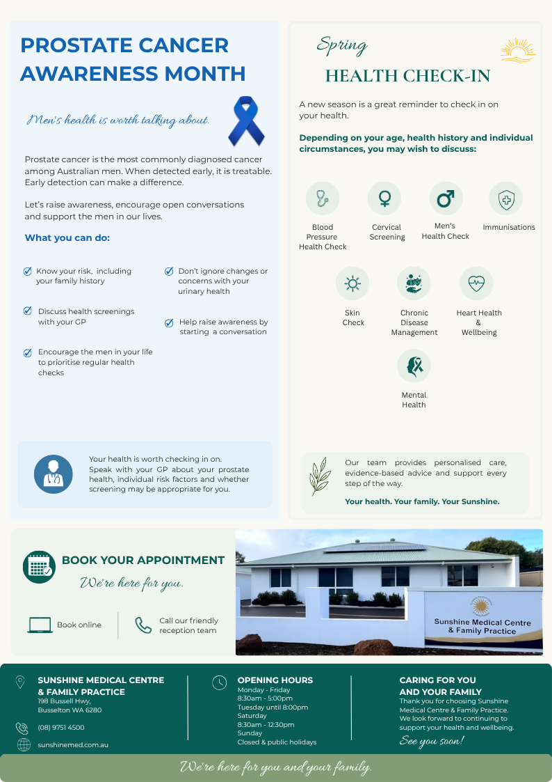 Sunshine Medical Centre September 2026 newsletter page two, covering prostate cancer awareness and spring health checks